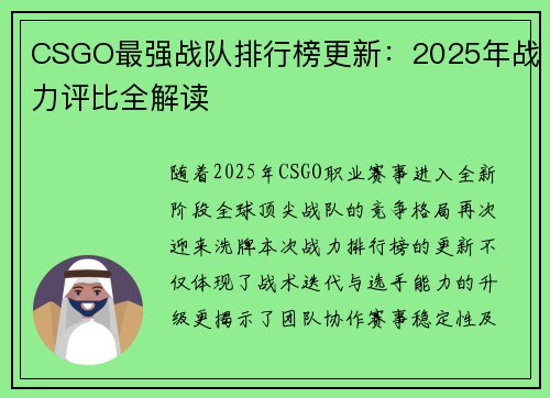 CSGO最强战队排行榜更新：2025年战力评比全解读