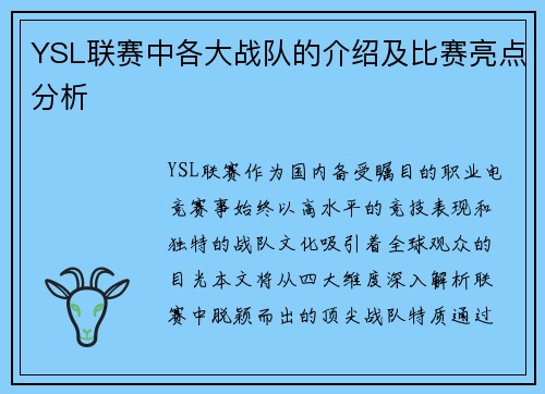 YSL联赛中各大战队的介绍及比赛亮点分析